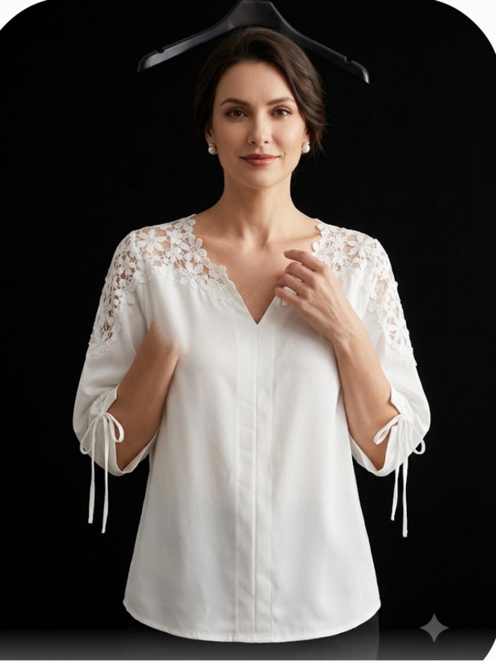 White Lace Crochet Shoulder Blouse 3/4 Tie Sleeve V-Neck Blouse Plus SZ 4X